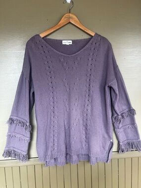 Neon Buddha Cable Knit Fringe Sleeve Sweater - Lavender Large